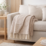 Cort Plaid - Ivoire/Beige, 100% Coton Recyclé, 130x160 cm en situation