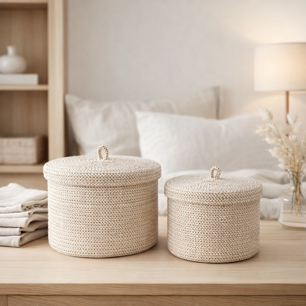 Sebal Basket - Panier avec couvercle, coton, beige, lot de 2 en situation