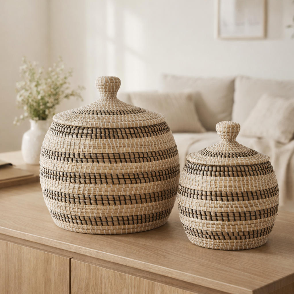Ipoh Basket - Panier, jonc de mer, naturel/blanc/noir, lot de 2 en situation