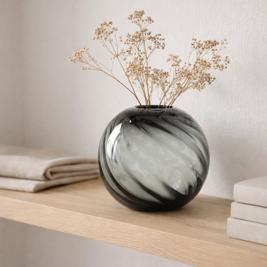 Vase - Gris, Verre Soufflé Bouche, Ø20x19cm en situation