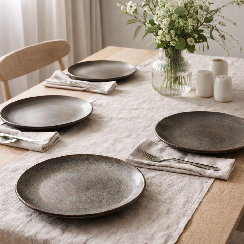 Selma Dinner Plate - Assiette plate, céramique, gris/marron, ø27cm, lot de 4 en situation