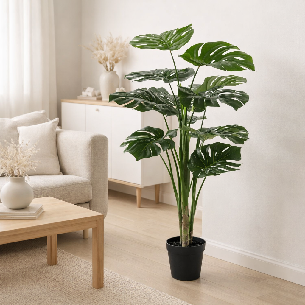 Monstera - Vert, Plastique PE/Polyester/Fil/Ciment, 17x18x90 cm en situation