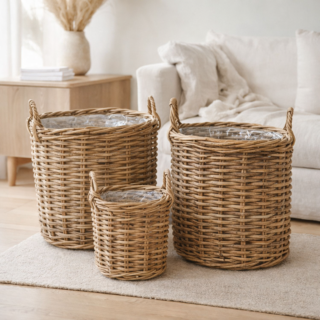 Paniers Sema - Naturel, Cube en Rotin - Lot de 3 en situation