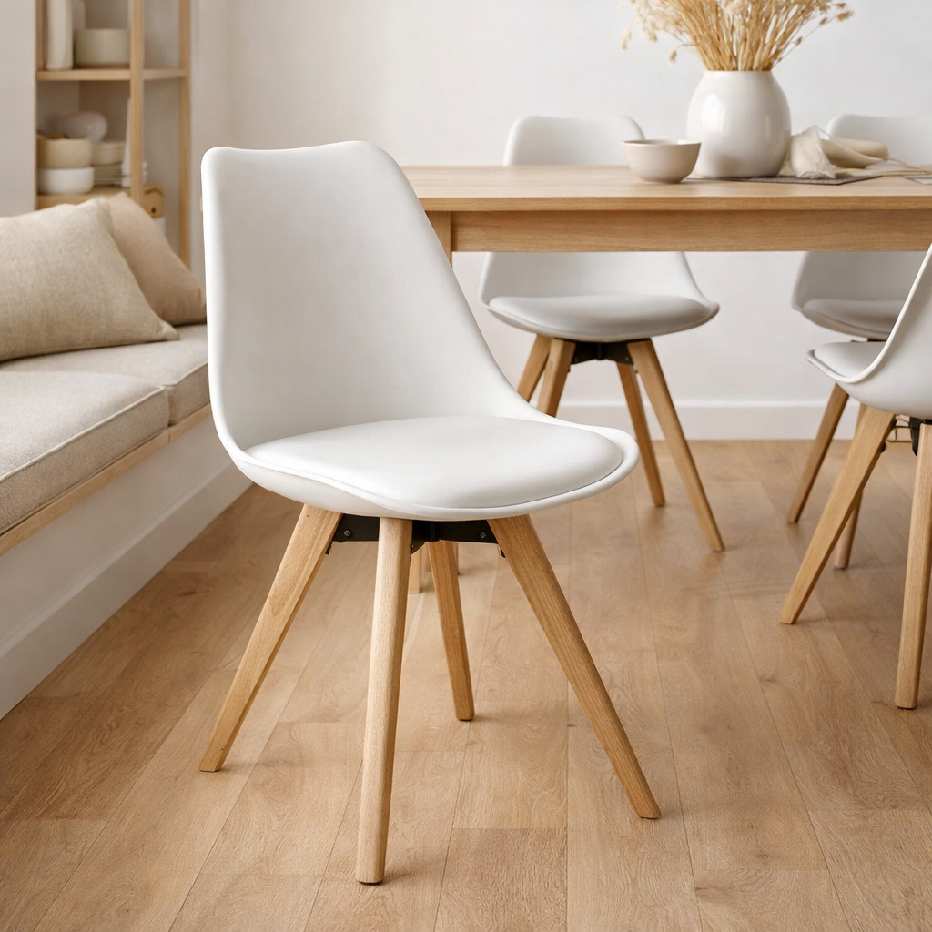 Chaise de salle à manger Bergen – Cuir PU, plastique moulé, bois d'hévéa, blanc – Lot de 2 en situation