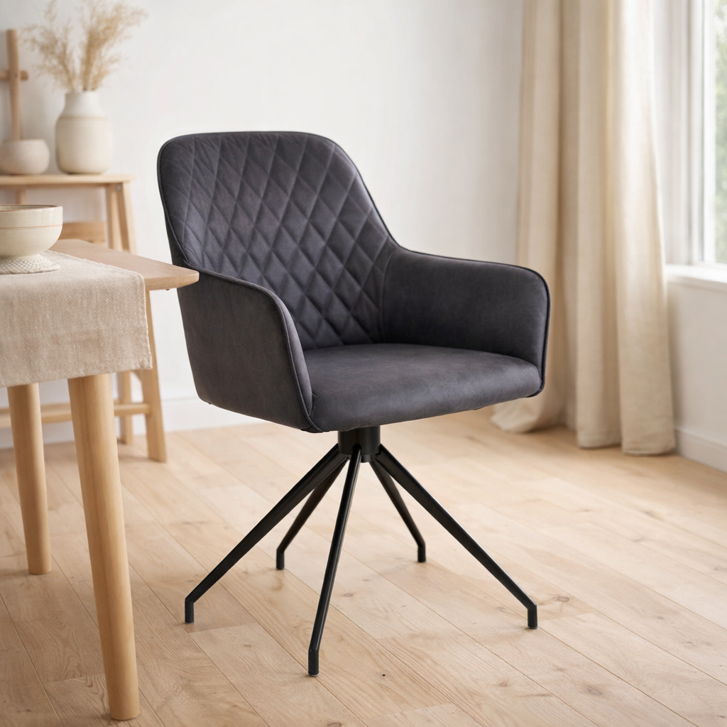 Chaise de salle à manger Harbo avec pivot - Acier, PU, contreplaqué, gris foncé en situation