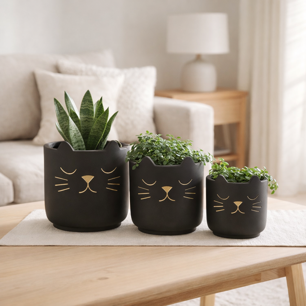 J -line Flowerpot Cat - Céramique - noir / or - Grand - Ø 19 cm en situation