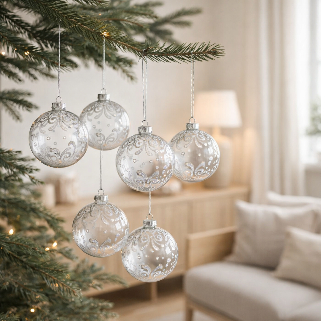 J-Line Boule de Noël Curls - verre - transparent/argenté - S - boîte de 6 en situation