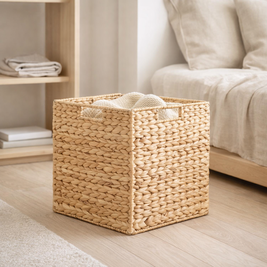 Panier Passo - Naturel, Jacinthe d'Eau, Pliable, 30x30x30cm en situation