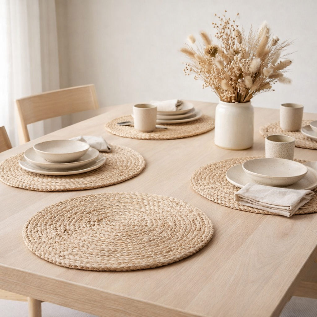 Set de Table Bombay - Naturel, Jute, Ø38cm - Lot de 4 en situation