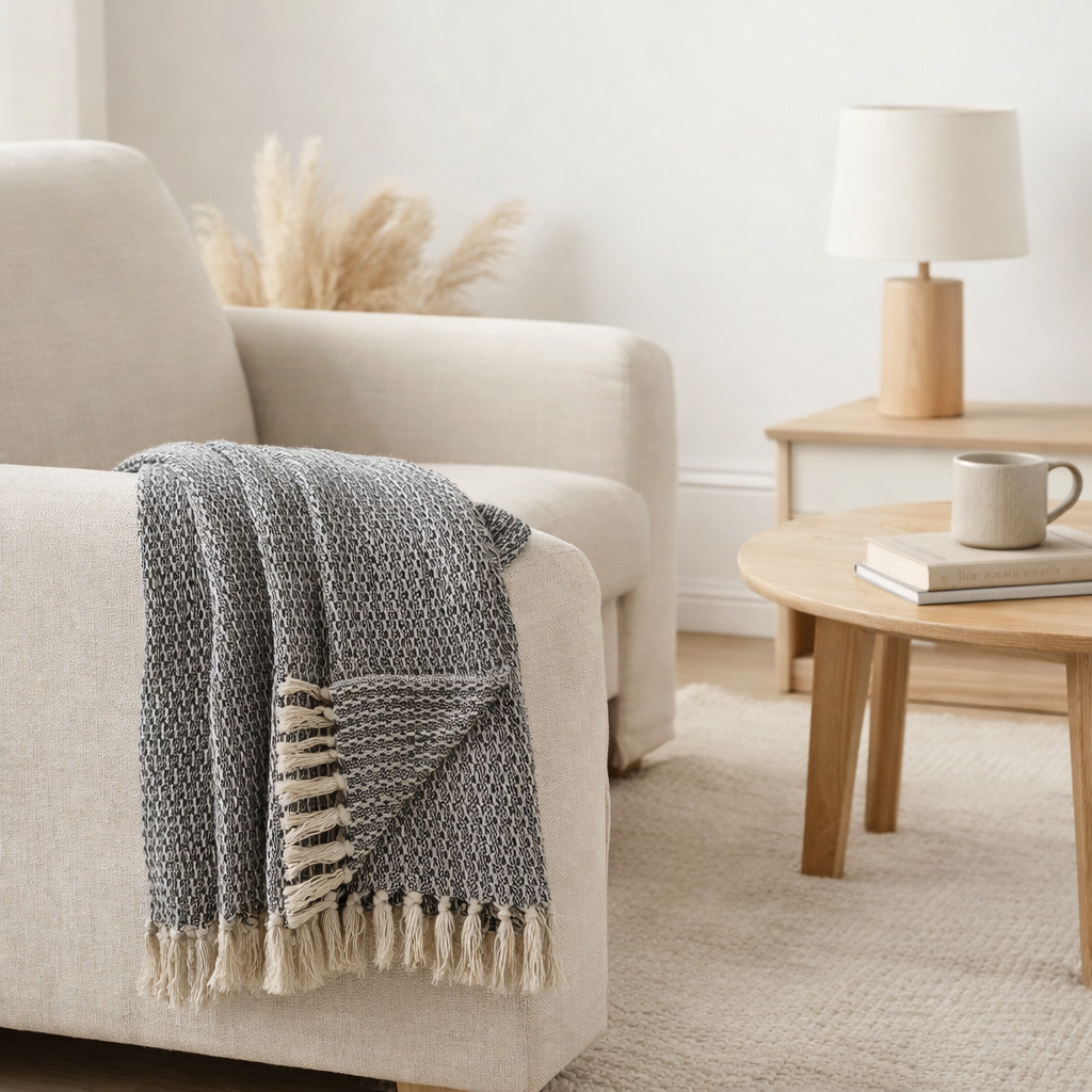 Cort Plaid - 100% Coton Recyclé, Gris Foncé/Blanc - 130x160 cm en situation