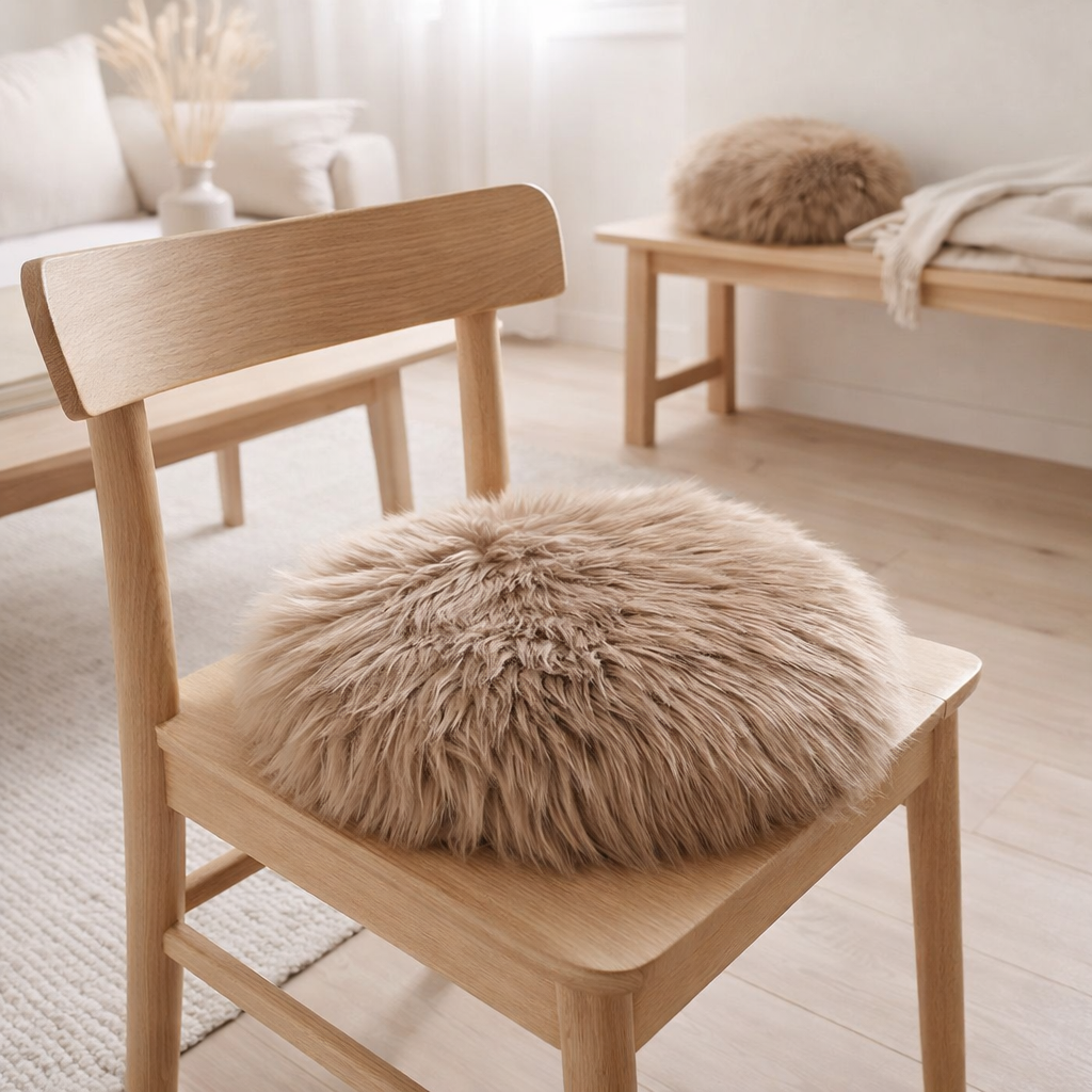 Assise en Peau d'Agneau Artificielle - Marron Clair, Polyester, Ø35x6,5 cm en situation