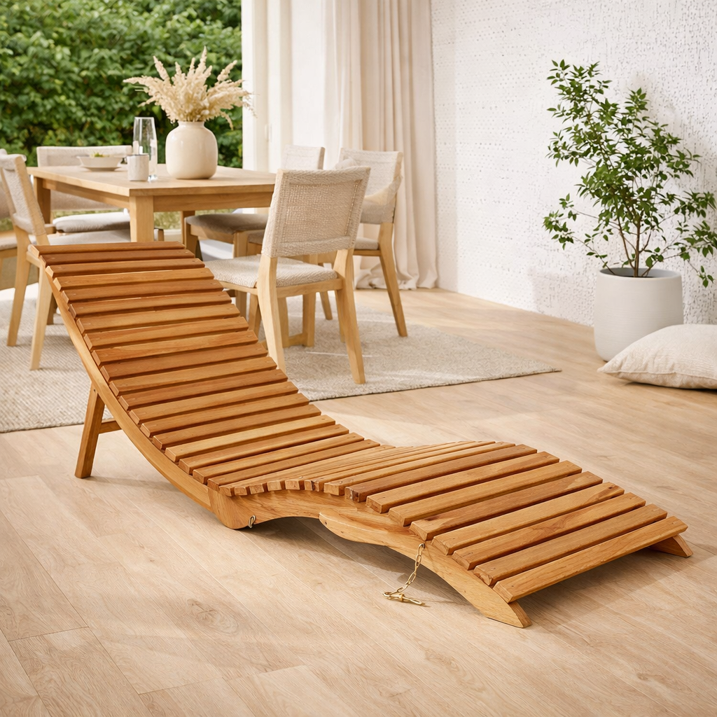Chaise longue Arrieta - Naturel, Teck, 160x50x25 cm en situation