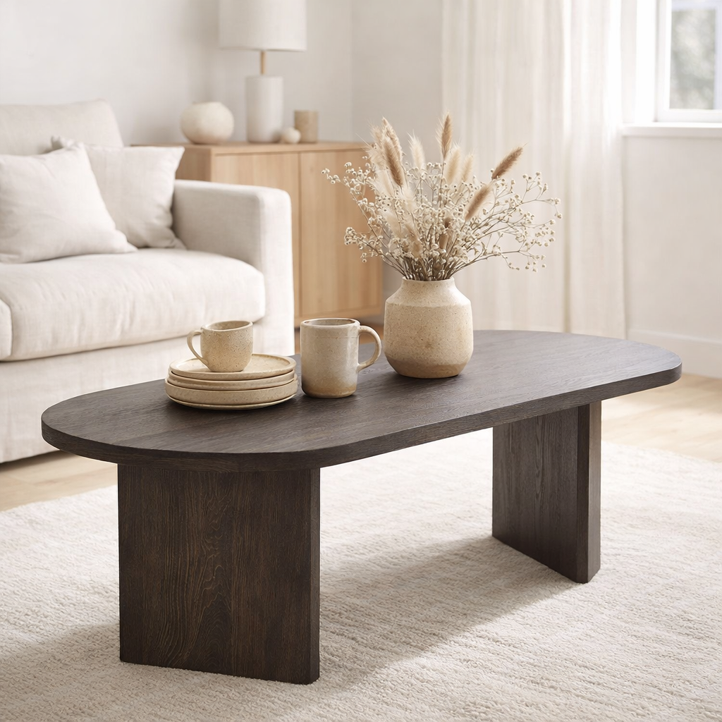 Table basse Melo - Marron foncé, MDF/Papier décor, 100x50x41 cm en situation