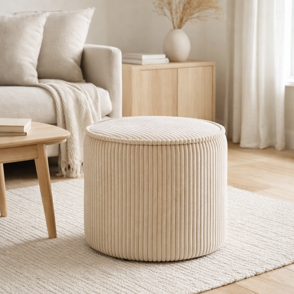 Pouf Taupo, velours côtelé, beige, ø40x35 cm, HN1424 en situation