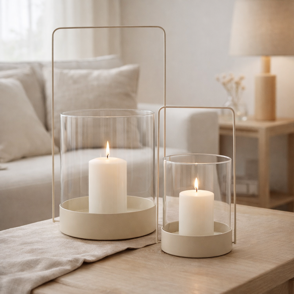 Bougeoir Hurricane, verre/métal, beige, lot de 2 en situation