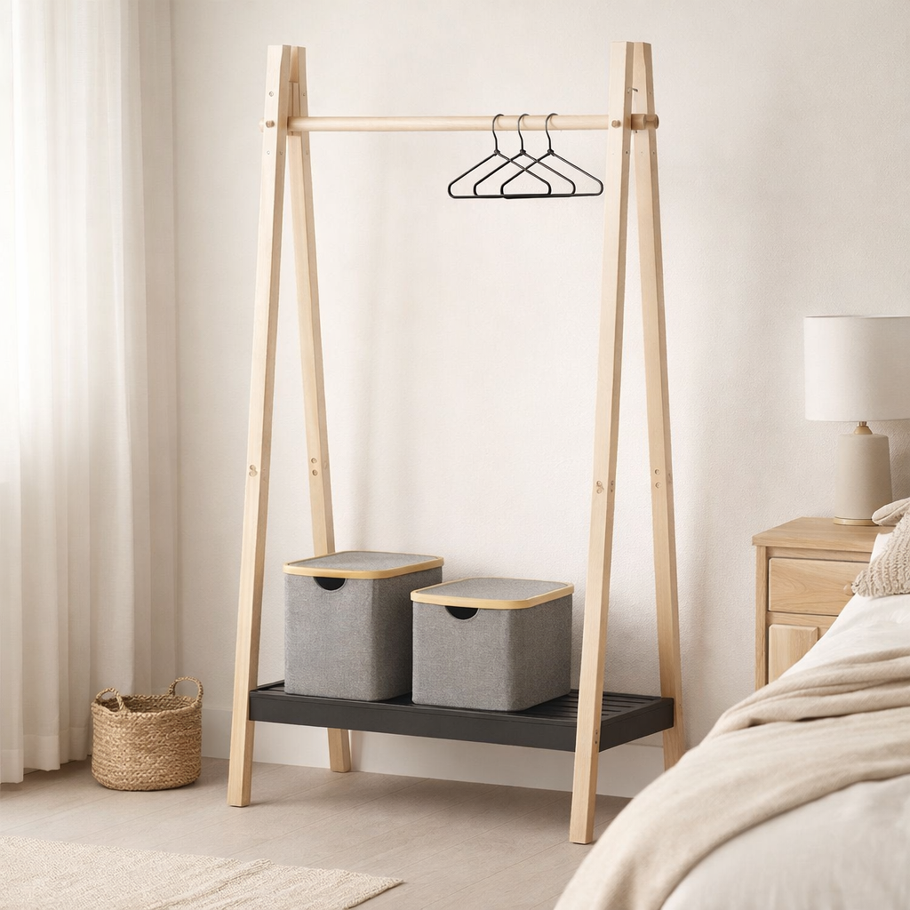 Portant Torino - Naturel/Noir, MDF/Paulownia, 94,5x39x170 cm en situation
