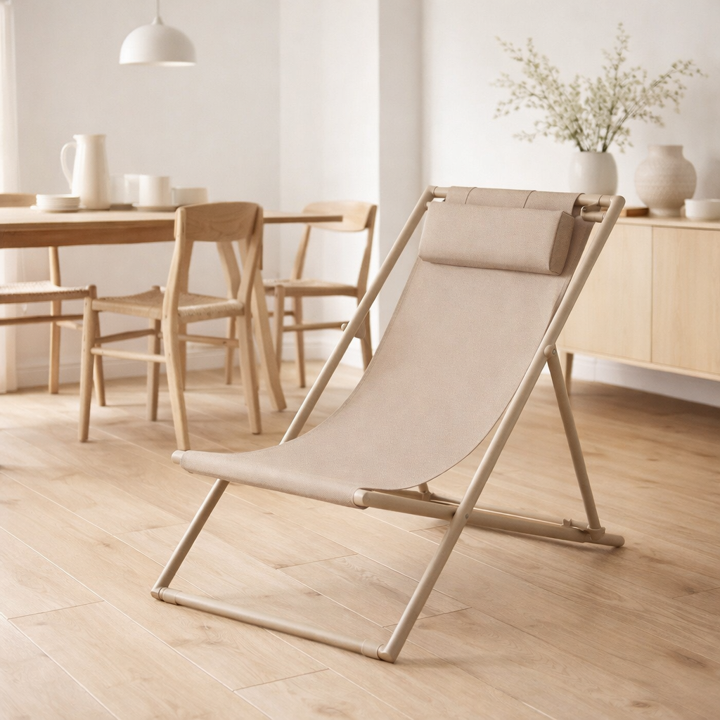 Chaise de plage Curtis avec dossier 4 positions, textilène/acier, taupe en situation