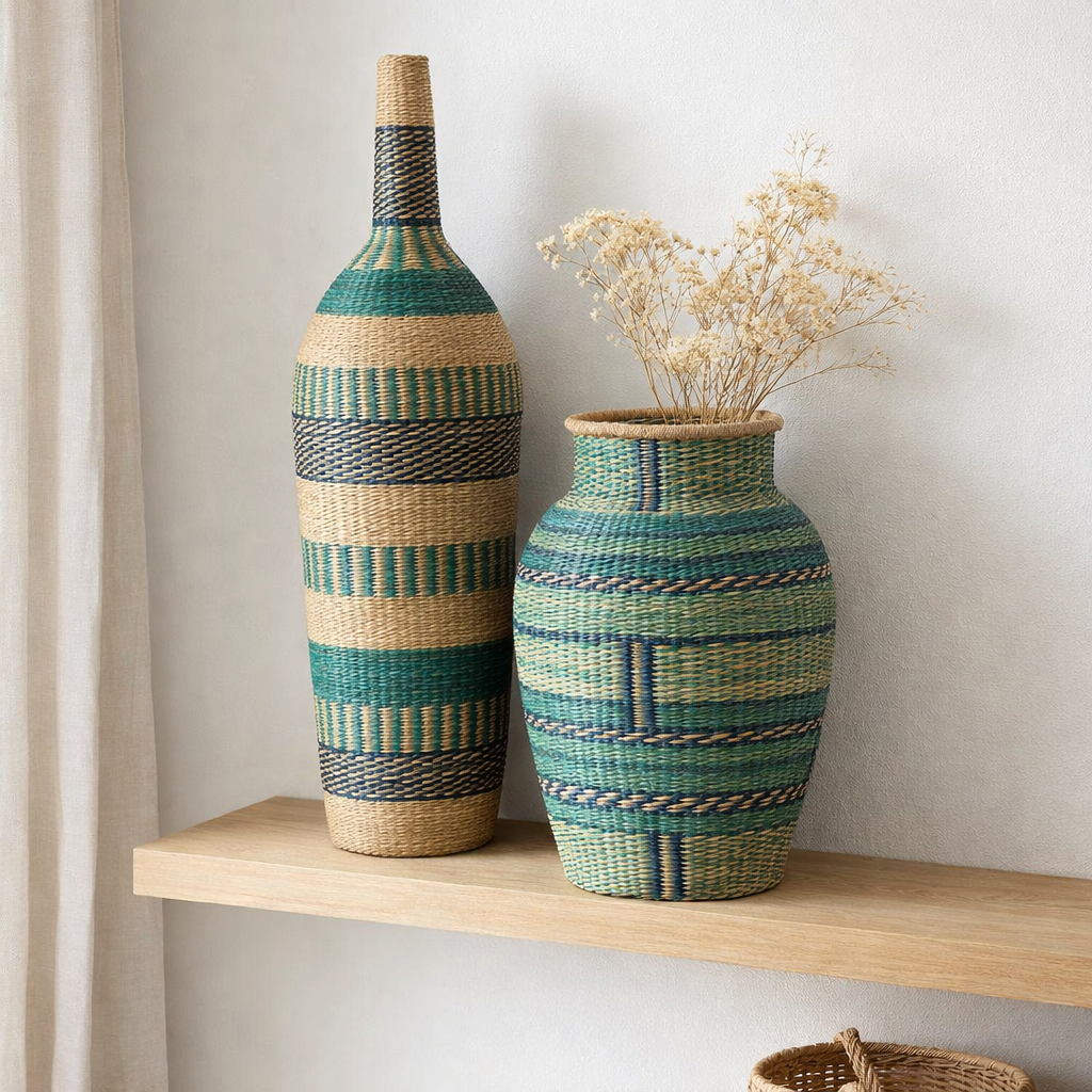 J -line Vase Ninon - Mélorchures maritimes - Natural / Azure / Bleu foncé - 90 cm de haut en situation