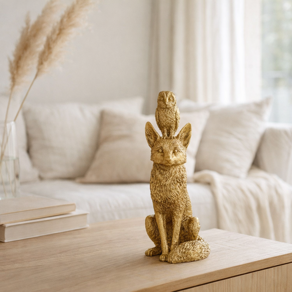 J-Line Vos + Owl Polyresin Gold colored en situation