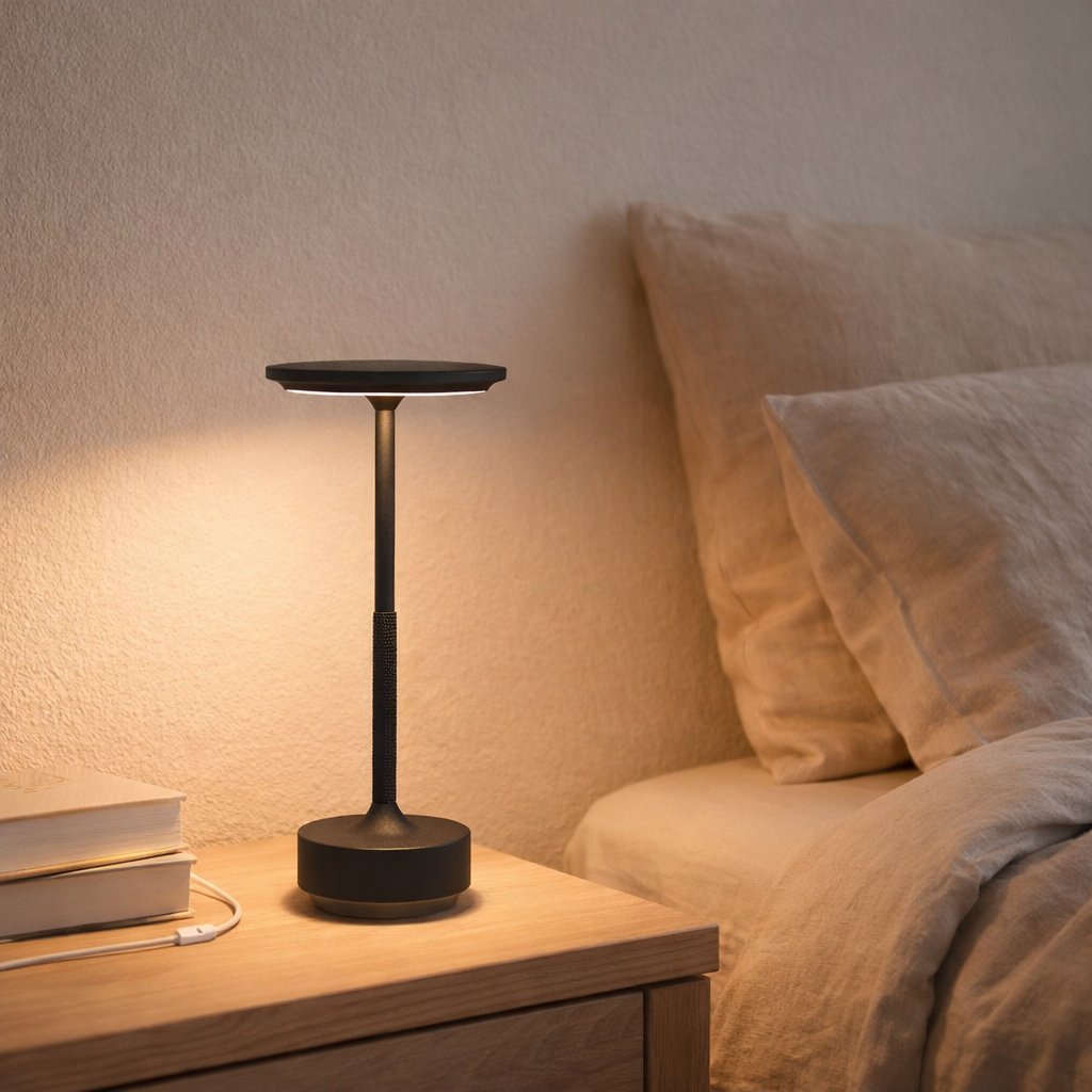 Lampe de table LED Lyneham - Aluminium, Noir - 13x13x28,5 cm en situation