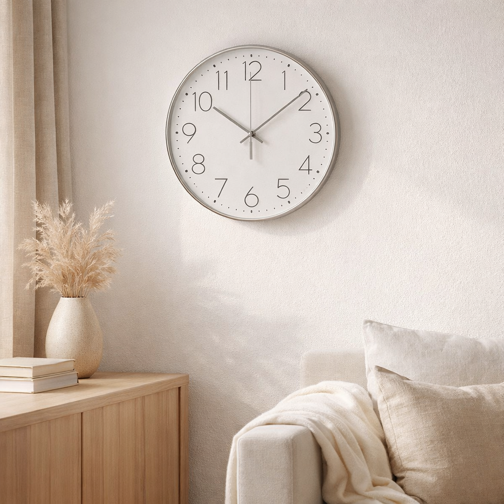 Horloge murale Lalibela, argent, mouvement silencieux, ø30 cm en situation
