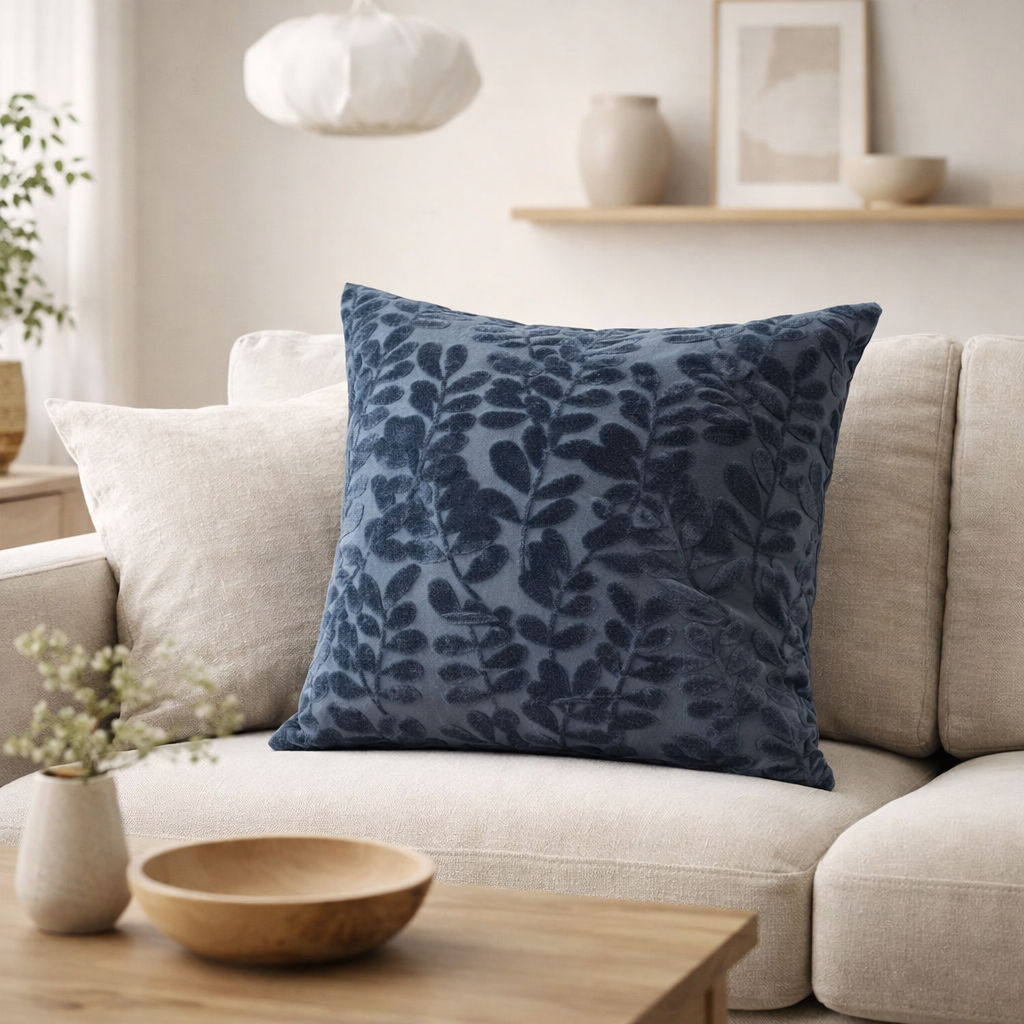 Coussin Yona, bleu, 45x45 cm en situation