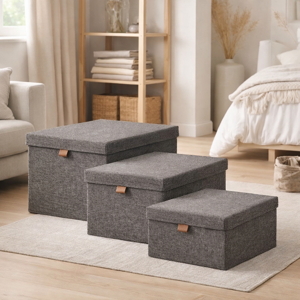 Noto Boîtes de rangement, textile, gris foncé, lot de 3 en situation
