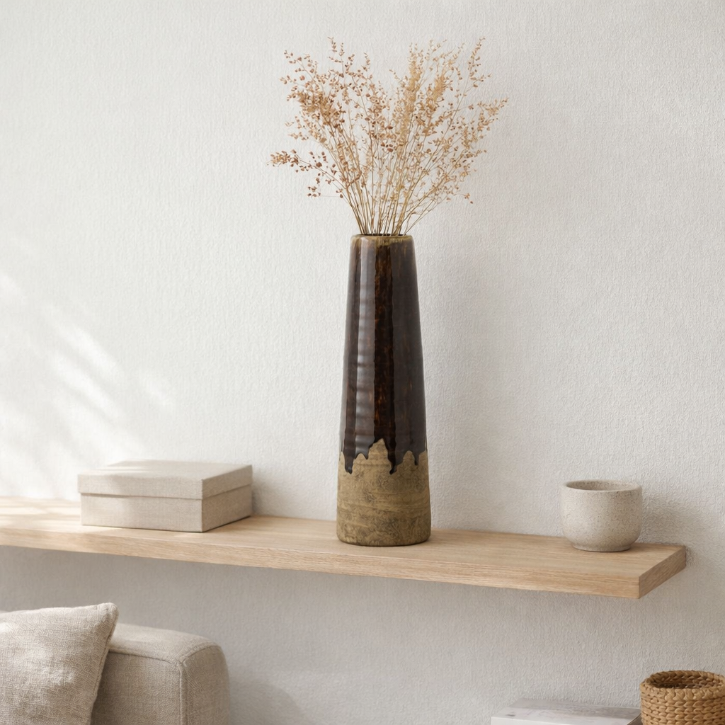 Vase, céramique, marron, ø11x39 cm en situation