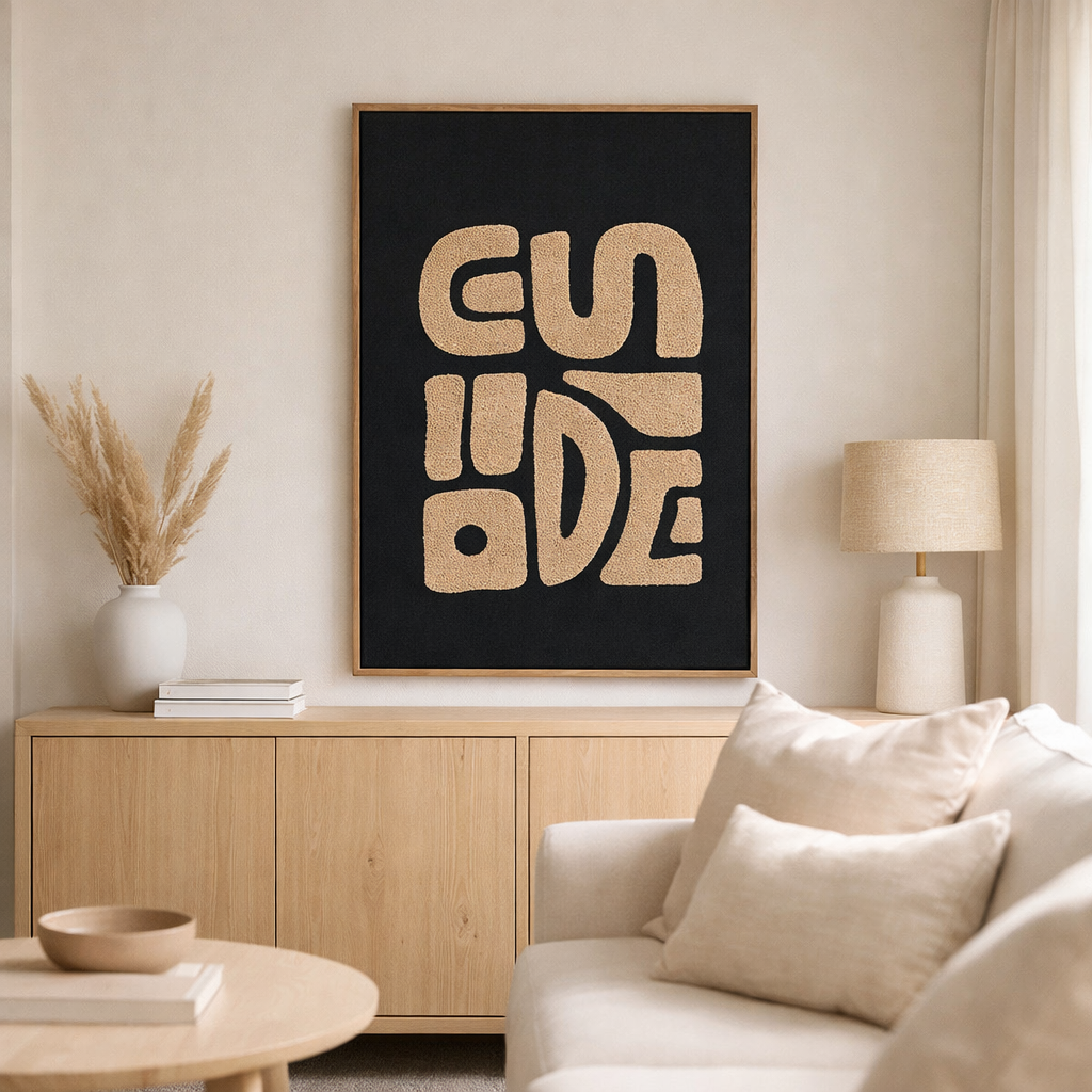 Décoration murale touffetée Tine, beige/noir, 50x70 cm en situation