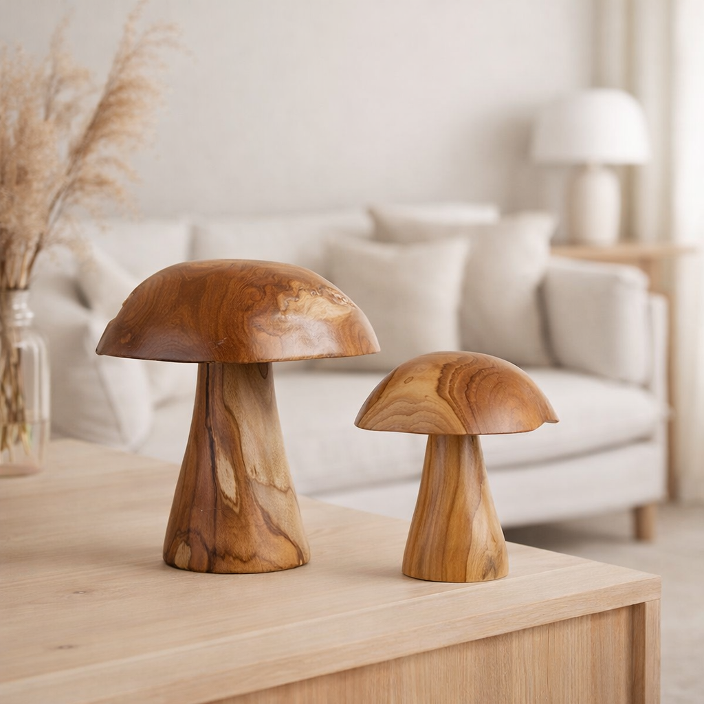 Kodi Décoration champignons, teck, naturel, lot de 2 en situation