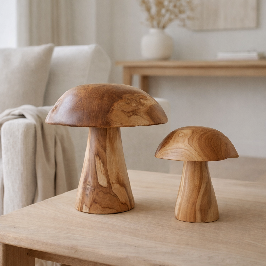 Kodi Décoration champignons, teck, naturel, lot de 2 en situation
