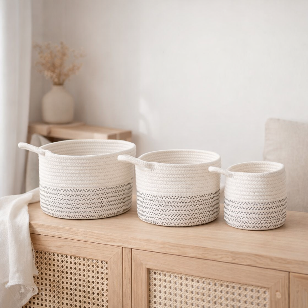 Paniers Algar - Coton, Blanc/Gris - Ensemble de 3 en situation