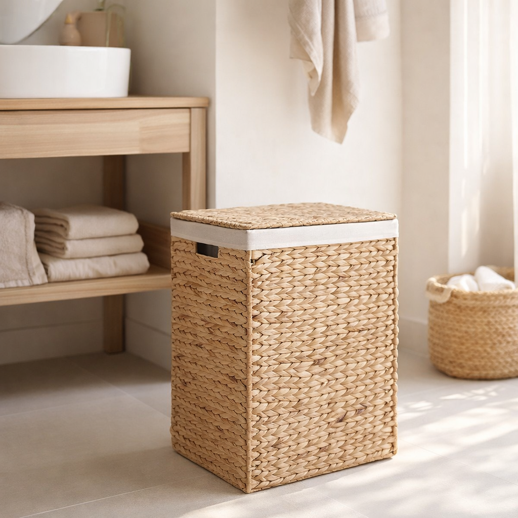 Panier à linge Passo - Naturel, Jacinthe d'eau/Coton/Polyester, 43x32x55 cm en situation