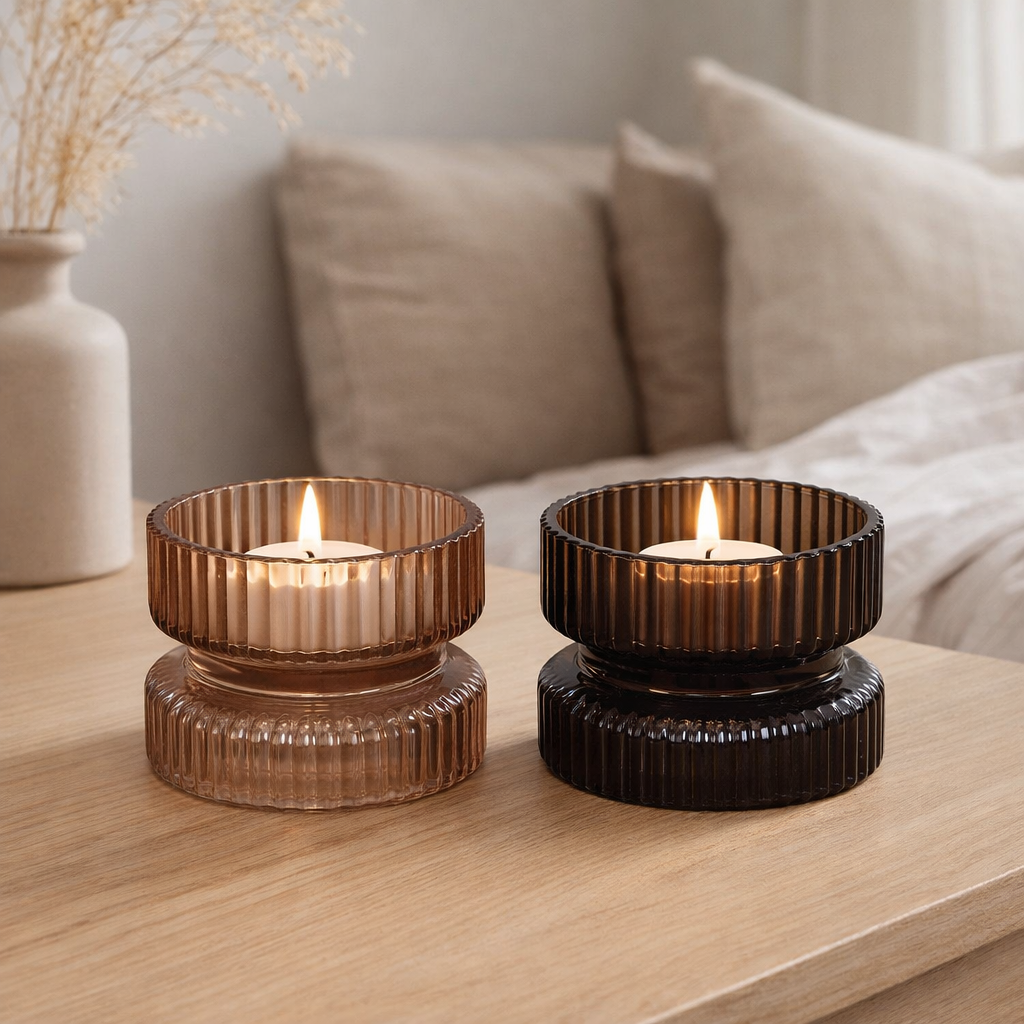 Bougeoir - Verre Ambre/Marron, Ø9x7 cm - Lot de 2 en situation