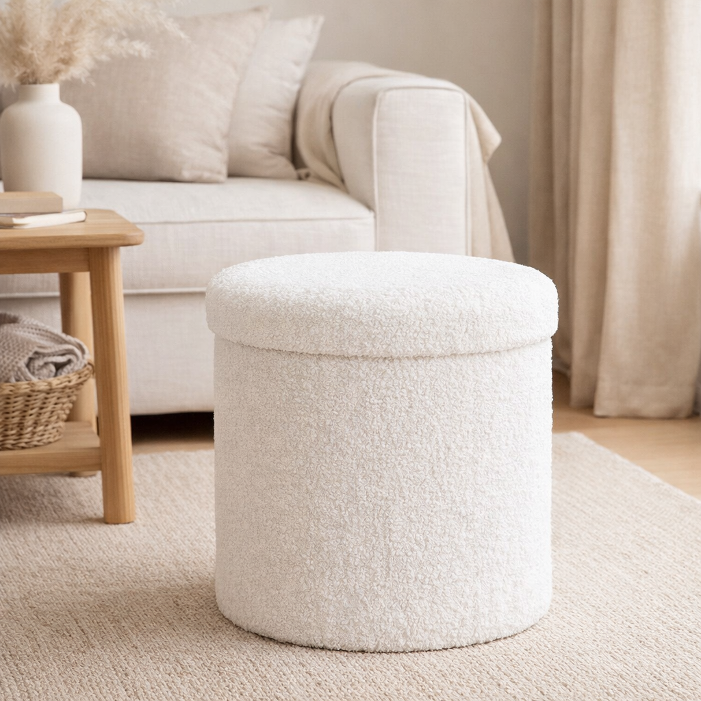 Pouf Medford - Blanc, Polyester/Mousse/Contreplaqué, 36,5x42,5x37,5 cm en situation