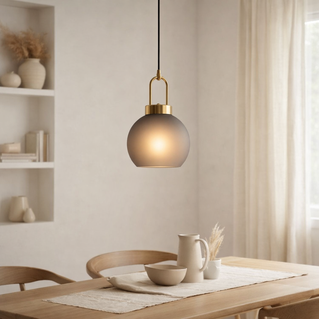 Suspension Luton - Laiton, Verre Fumé Mat, Ø20 cm, Cordon Tissu 150 cm en situation