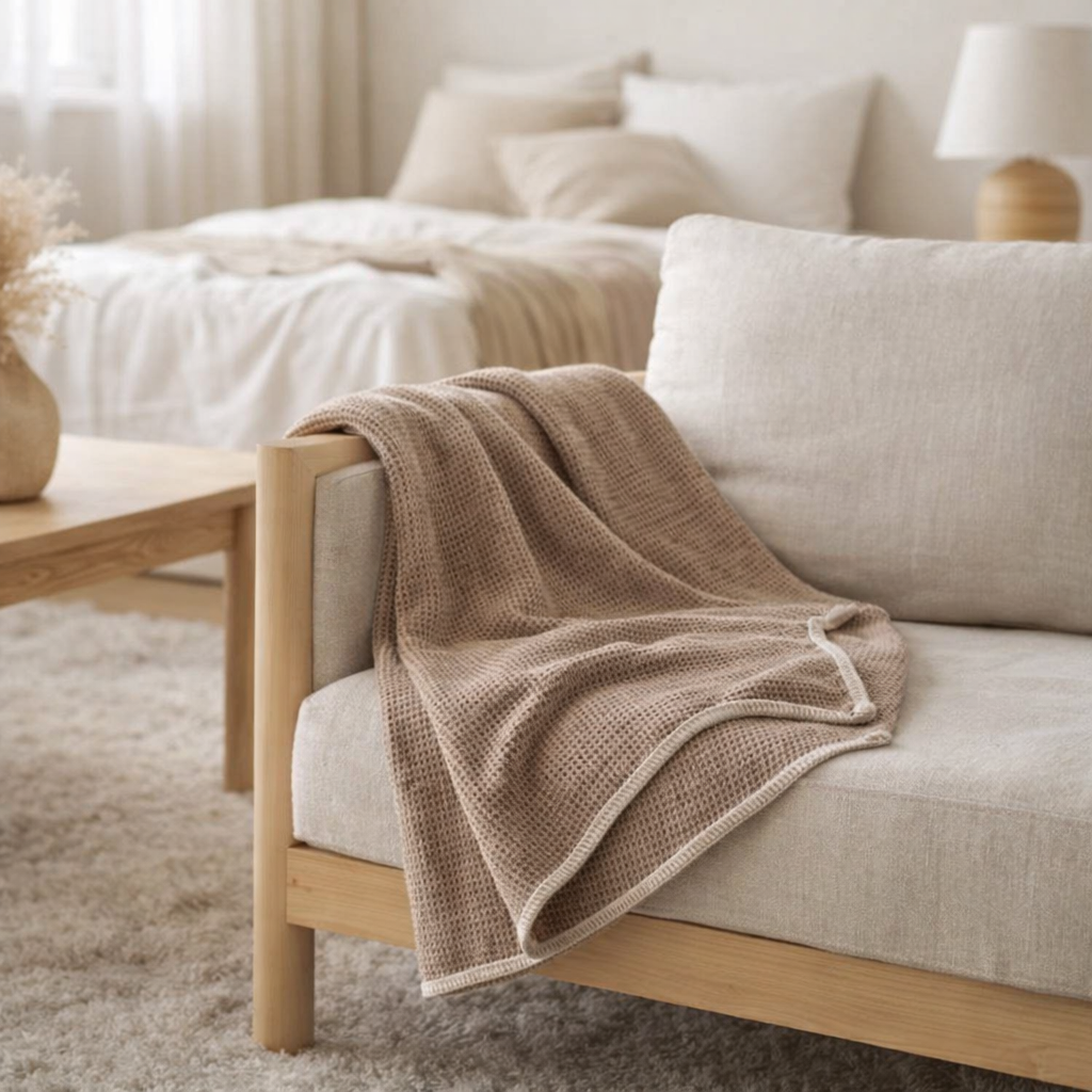 Plaid Puno, taupe, 130x156 cm en situation