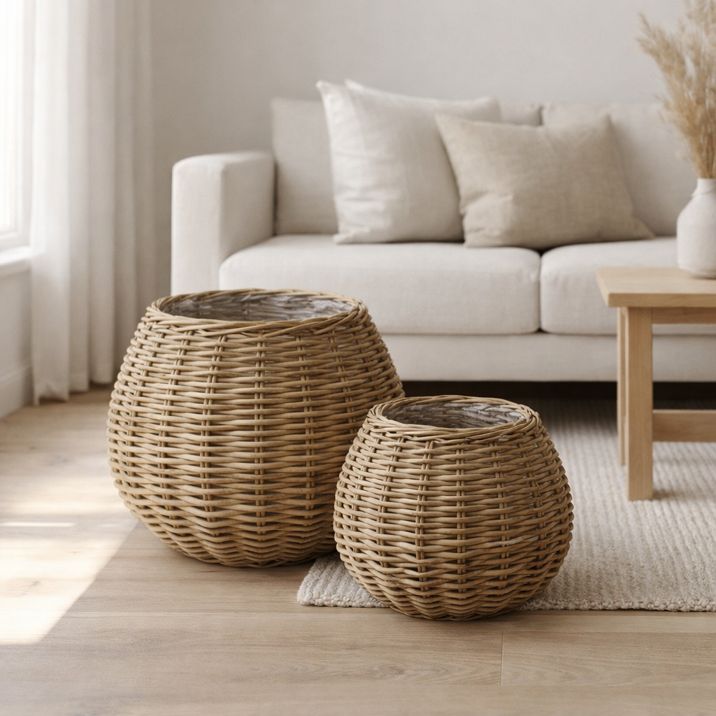 Panier Melaka, rotin kubu, naturel, lot de 2 en situation