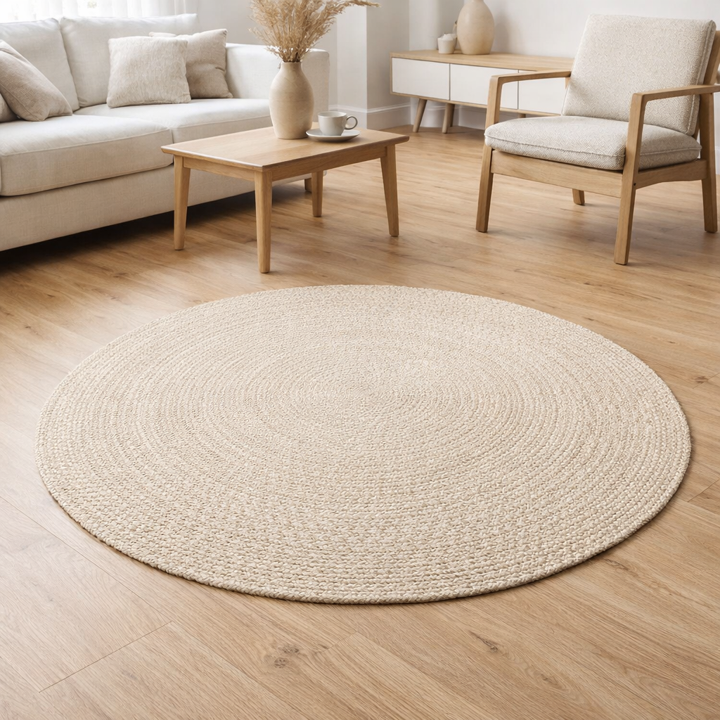 Tapis Menorca - Sable, PET 100% recyclé, Ø120 cm en situation