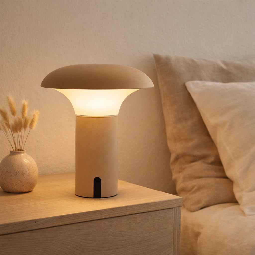 Lampe LED Ramsey, rechargeable, beige en situation