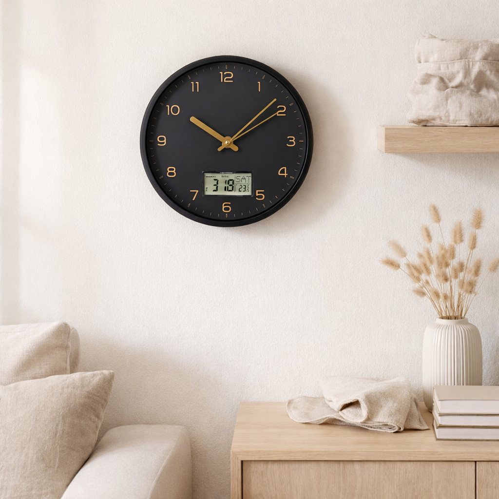 Horloge Murale Amiens - Noir, Plastique, Verre, LCD, Ø25cm en situation