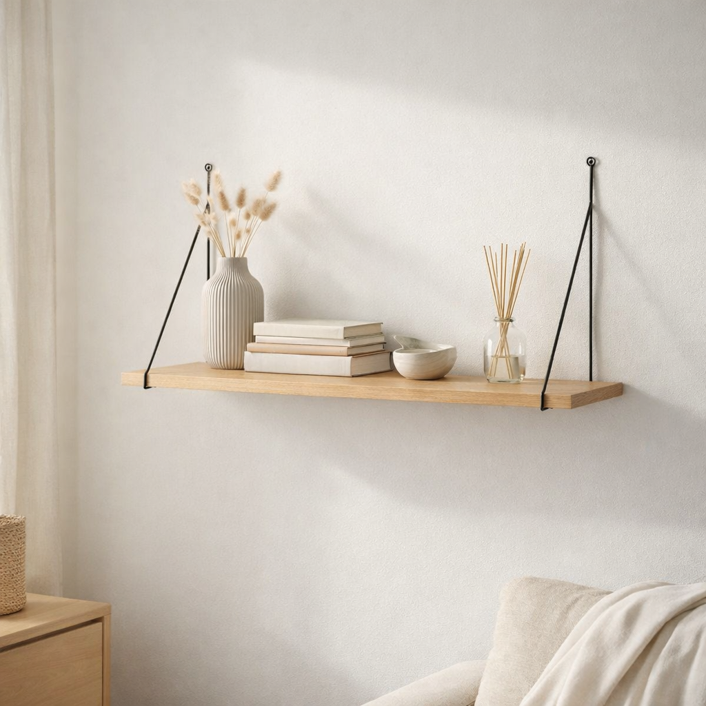 Etagère murale Chiba - Etagère murale, placage frêne, structure en acier noir, 80x29 cm en situation