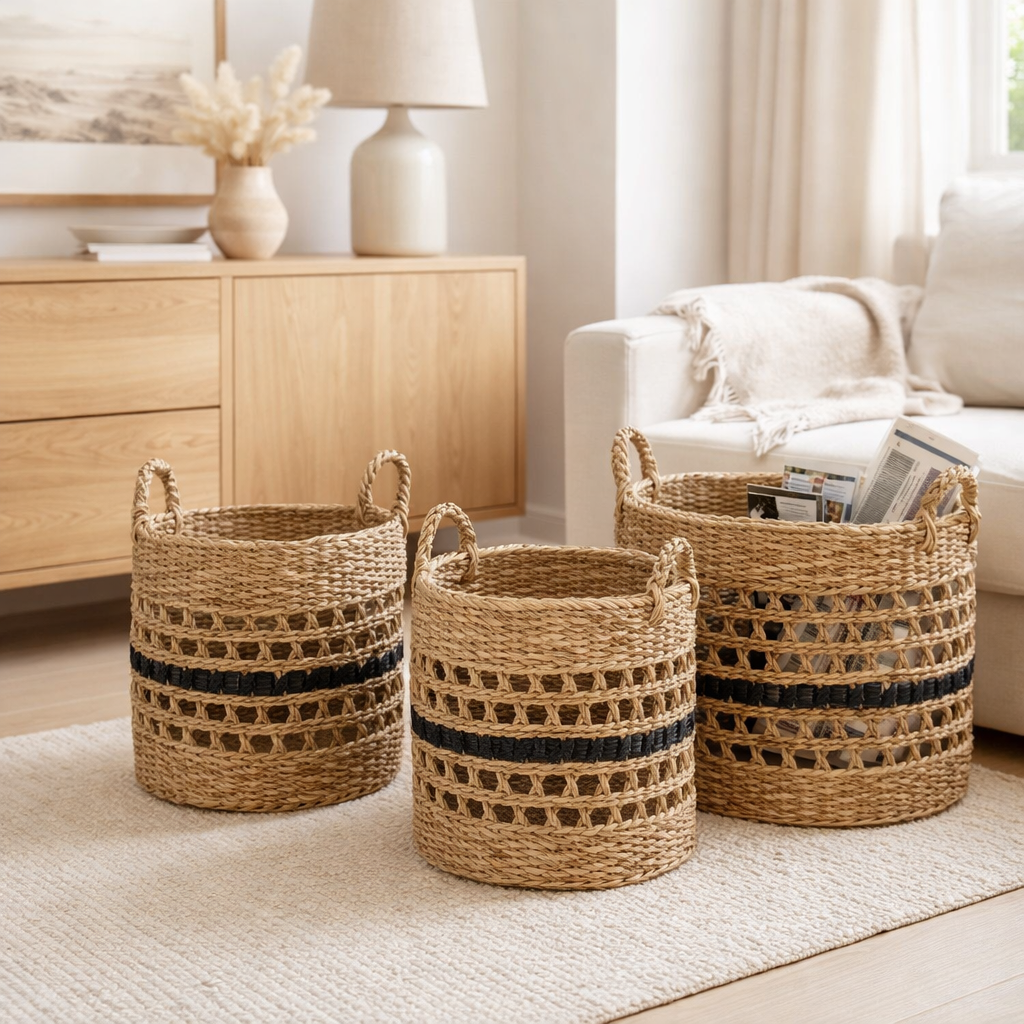 Balok Basket - Panier, jonc de mer, naturel/noir, lot de 3 en situation