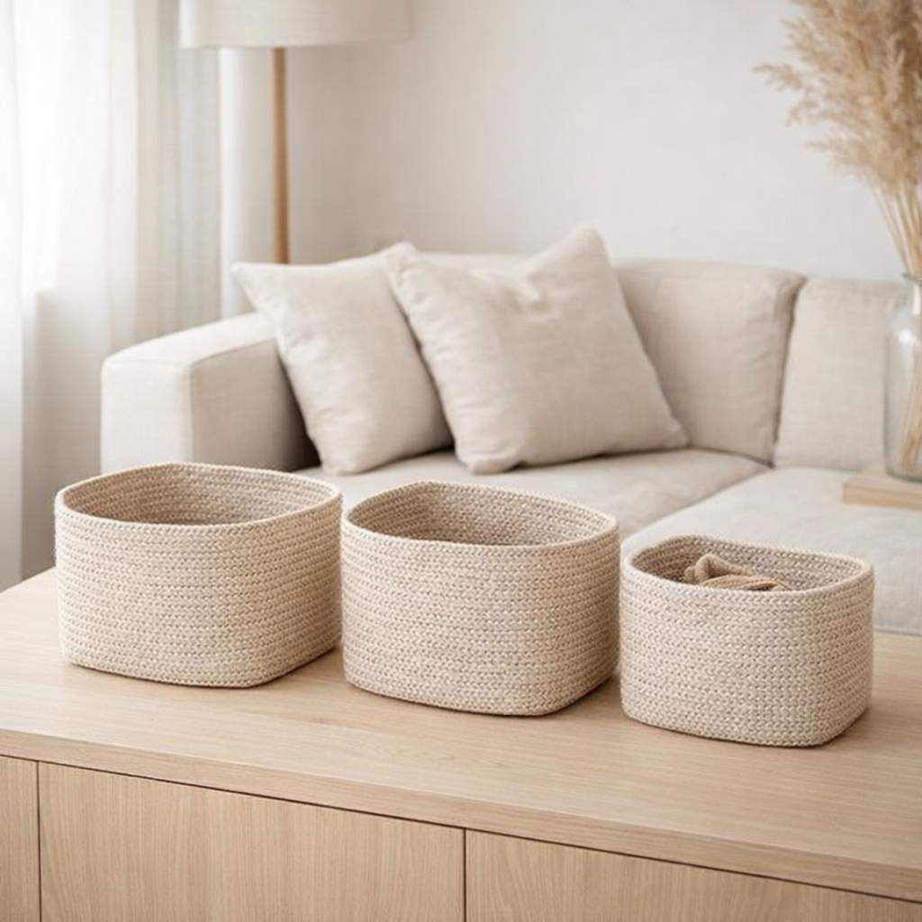 Cadima Basket - Corbeille, coton, beige, lot de 3 en situation