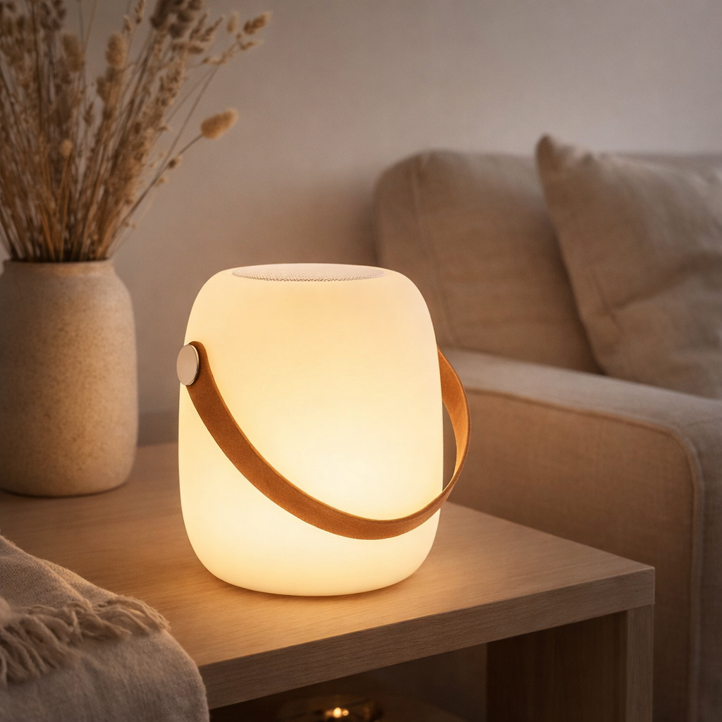 Lampe LED Cardiff - Lampe avec dragonne, rechargeable, haut-parleur Bluetooth, blanche en situation