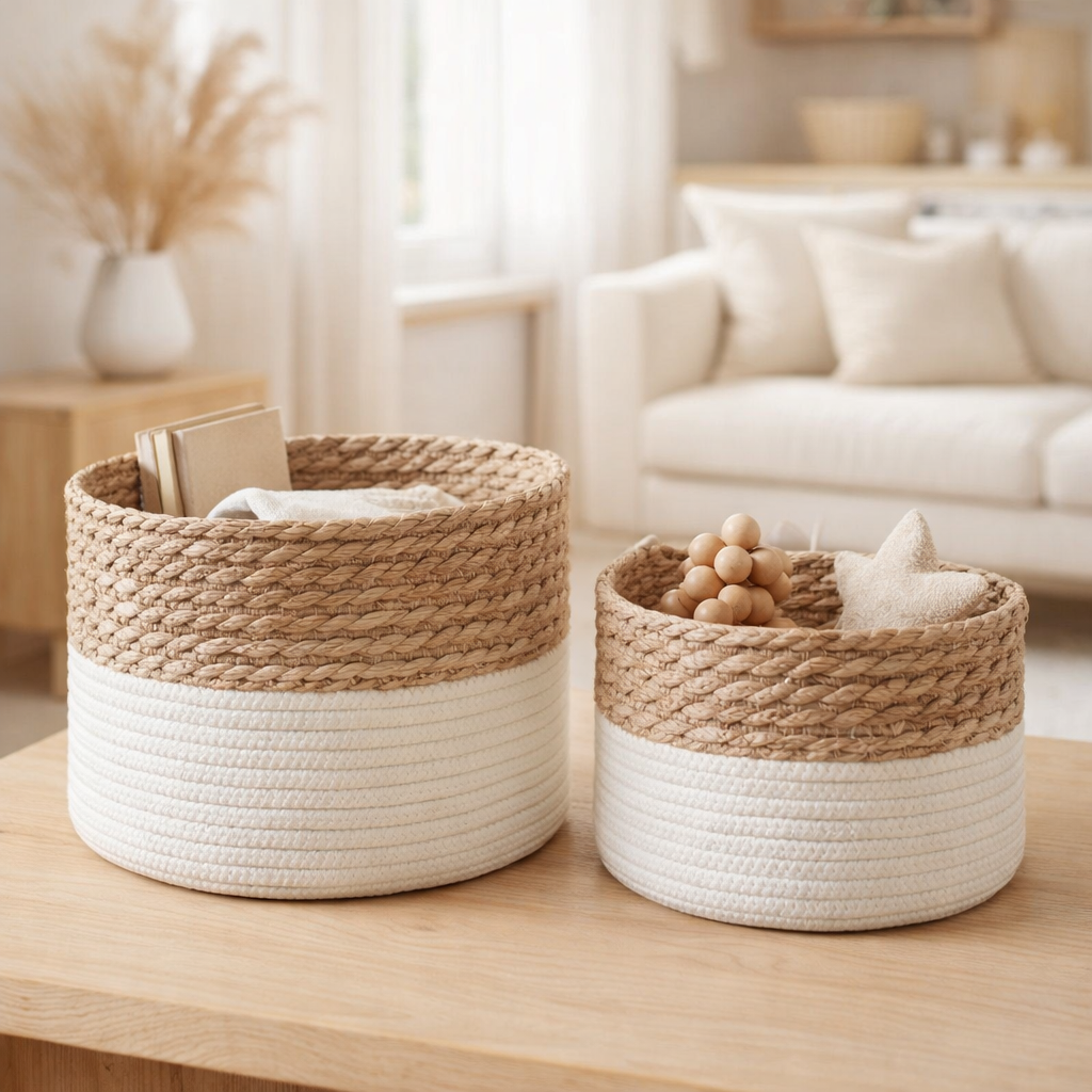 Paniers Tanta - Blanc/Naturel, Coton, Roseau, 25x25x15cm - Lot de 2 en situation