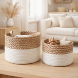 Paniers Tanta - Blanc/Naturel, Coton, Roseau, 25x25x15cm - Lot de 2 en situation