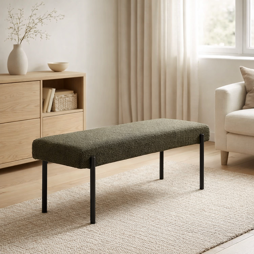 Banc Swindon – Vert foncé, acier, tissu, contreplaqué, 100 x 36 x 42,5 cm en situation