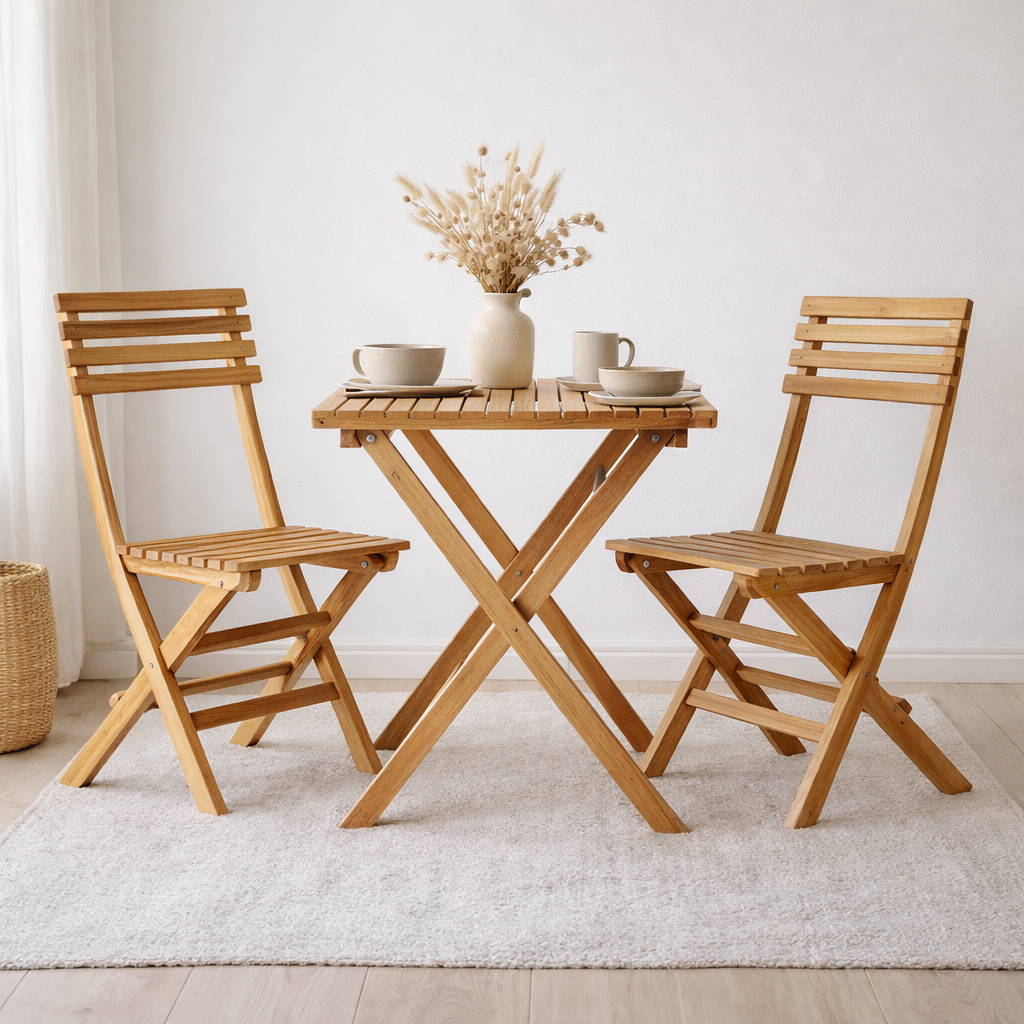 Ensemble Cuenca Café - Ensemble Café, 2 chaises et 1 table, teck, naturel en situation