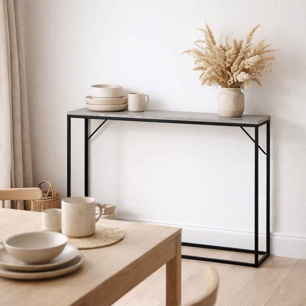 Table console Vita - aspect travertin, noir, 110x26x80cm en situation